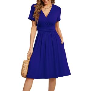 WEACZZY Women's Summer Short Sleeve Casual Dresses V-Neck Floral Party Dress with Pockets (X-Large, A Royal Blue)