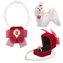 SUPERFINDINGS Pearl Wedding Dog Collar with Ring Box Cat Collar Red Velvet Ring Box Wedding Ring Holder with Pet Collar Rhinestone Couple Ring Bearer Box for Proposal Engagement Wedding 13inch