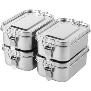 4 PCS Bento Boxes, 550 ML Stainless Steel Lunch Boxes, Food Storage Containers, Portable Metal Lunch Containers, Lockable Clips to Leak Proof, Reusable Dishwasher Safe Lunch Snack Boxes