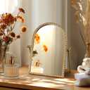 Vintage Desk Makeup Mirror, 11.8" L x 7.9" W Antique Gold Vanity Table Mirror, Metal Framed Arched Small Standing Mirrors with Beaded, 360 Adjustable Rotation for Tabletop, Bedroom