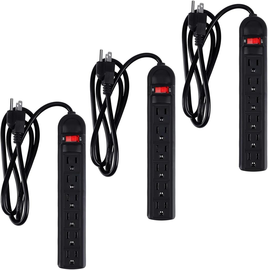 Copkim 3 Pack 6 Outlet Power Strip Surge Protector 4 ft Flat Plug Surge Protector Profile Flat Plug Overload Power Strip Protection for Home Office(Black)