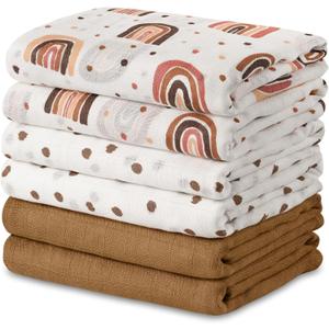 GLLQUEN BABY Receiving Blanket Boy Cotton Muslin Swaddle Blankets Girl Newborn Squares Breathable & Soft Thin Baby Blankets Cloths Double Absorbent Infant Swaddling Wrap - 6 Pack (Rainbow)