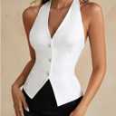 Women's Tie Backless Halter Blouse Button Down Sleeveless Party Club Tops (S)