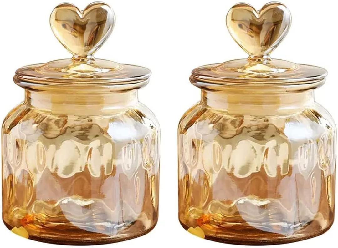 wangsdjy 22oz Airtight Glass Jars with Cute Heart Shaped Lids, Wedding Candy Jar Kitchen Storage Jar for Candy Cookie Nuts Coffee Tea (Amber 2PCS)