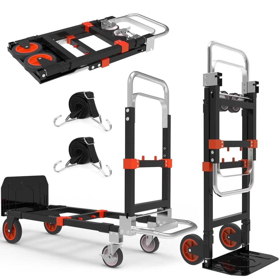 3 in 1 Convertible Hand Truck Dolly Cart with Wheels Collapsible/Folding handtruck Dolly / 2 Straps/Adjustable Height/for Luggages/Cartons/Warehouse/Supermarket/Office / 500 Lbs Load