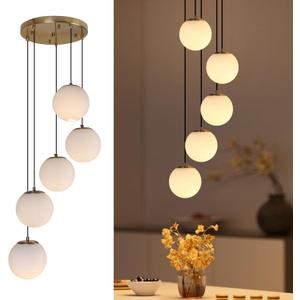 Modern Globe Cluster Chandeliers, 5-Light White Glass Pendant Light Multi Cluster Pendant Lighting Mid Century Chandelier for Living Room Staircase Foyer Entryway, Brass, 5 Lights | 1 Pack