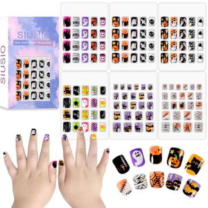 SIUSIO 6 Pack Press on Nails kids Children Acrylic Fake Nails Cute Pre-glue Full Cover Gradient Color Rainbow Short Stick On False Nail Art Kits Set for Kids Little Girls - Halloween Ghost
