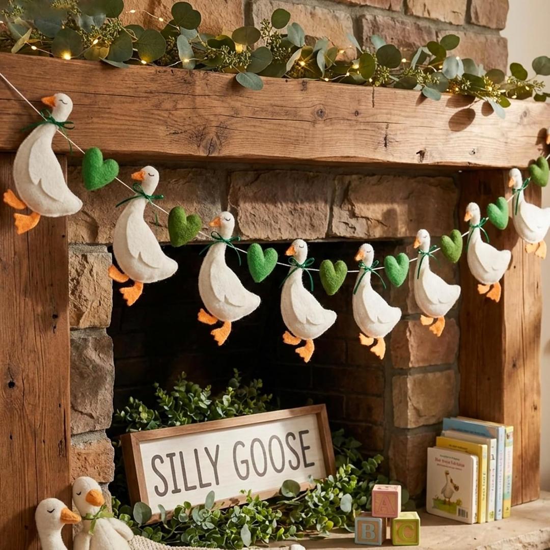 Whaline Silly Goose Felt Banner Pre-Assembled 3D Funny Gooses Green Heart Hanging Garland for One Silly Goose First Birthday Party Mantel Fireplace Wall Decoration