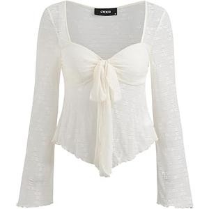 CIDER Mesh Tops Women Lace Square Neck Knotted Y2K Bell Sleeve Going Out Crop Top T Shirts Beige, Small