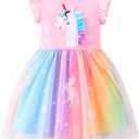 LEMONBABY Fashion Princess Girls Short Sleeve Glitter Unicorn MLP Rainbow Tulle Skirt Birthday Party Dress (6Y, LITTLE PONY PINK)