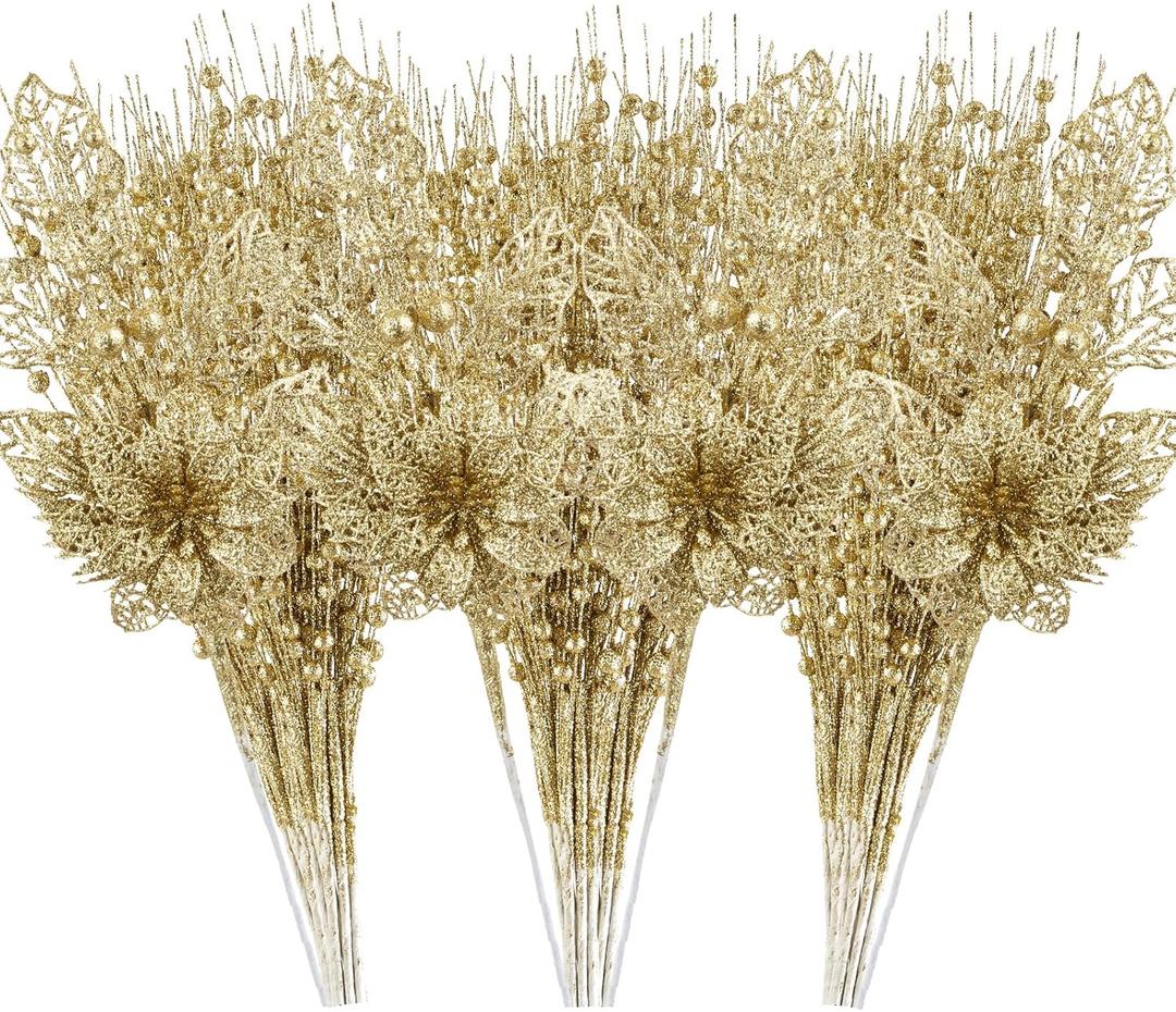 24 Pack Christmas Tree Ornaments - Artificial Flowers Glitter Berry Stems Christmas Floral Picks Branches for Xmas Tree Decorations Vase Filler Holiday Wedding Party Home Decor (Gold)