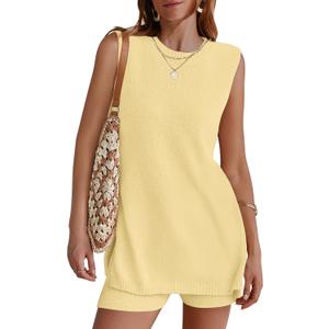NENONA Women's Summer Sleeveless Sweater Lounge Sets Casual Loose Fit Tunic Tops and Shorts 2 Piece Beach Vacation Outfits (Yellow, M)
