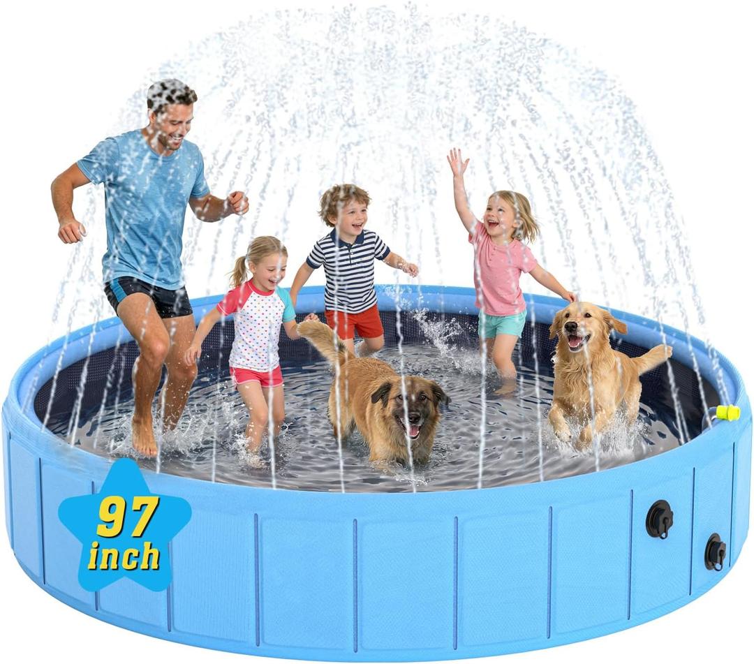Foldable Dog Pool with Sprinkler, 97 in Extra Large Dog Swimming Pool, 2-in-1 Outdoor Collapsible Pet Bathing Tub for Pets Dogs Kids
