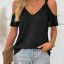 LilyCoco Womens Cold Shoulder Tops Casual Summer Short Sleeve V Neck T Shirts Black Small (Black, S)