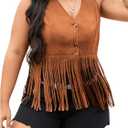 Women's Plus Size Fringe Trim Hem Jacket Sleeveless V Neck Button Front Vintage Jackets 70s Outfits (XX-Large Plus, Brown)