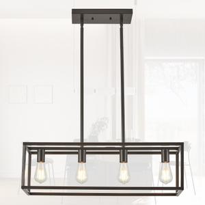 Farmhouse Rectangle Chandeliers for Dining Rooms, Modern Linear Hanging Light Fixture Matte Oil-Rubbed Bronze 4-Light Industrial Pendant Lighting for Kitchen Island