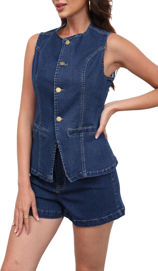 acelyn Womens Business Casual Outfits 2 Piece Denim Set Sleeveless Blazer Vest & Short Set Jeans Two Piece Outfits (Medium, Dark Blue)