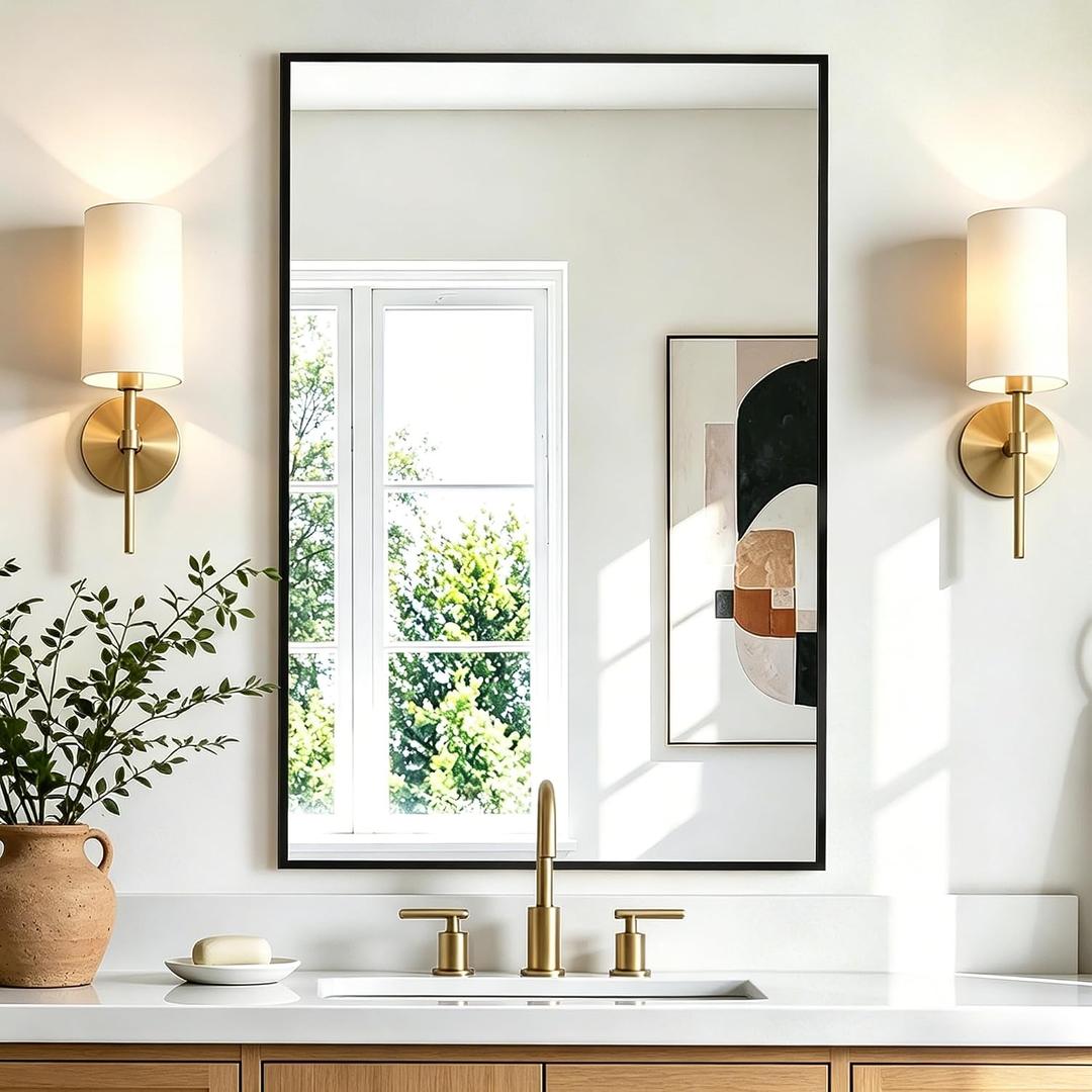 Rectangular Bathroom Mirror, 30"x20" Black Metal Framed Vanity Mirror, HD Shatterproof Wall Mirror, Horizontal or Vertical Hanging, Easy Installation for Bathroom, Bedroom, Living Room, Entryway