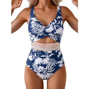 B2prity One Piece Swimsuit for Women Tummy Control V Neck Bathing Suit Color Block High Waisted Cutout Swimwear (Small, Navy Blue Leaf)