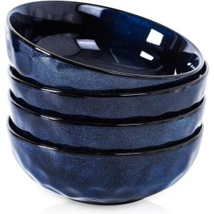 vicrays Ceramic Salad Bowls Set for Kitchen, Serving - 32 Ounce Soup Bowls, Pasta Bowls, Chip Resistant, Dishwasher Microwave Safe, Large, Fluted, stoneware, Set of 4 (Blue)