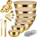 20 PCS Gold Mixing Bowls with Lids Set - 7 Mixing Bowls with 3 Graters, 8 Measuring Spoons, 1 Whisk, and 1 Food Tong, Nesting Bowl Set for Baking, Cooking, Meal Prep