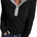 Acelitt Womens Casual Fall Long Sleeve Waffle Knit Henley Shirt Button Down V Neck Tunic Tops Blouses (Small, 01-white)