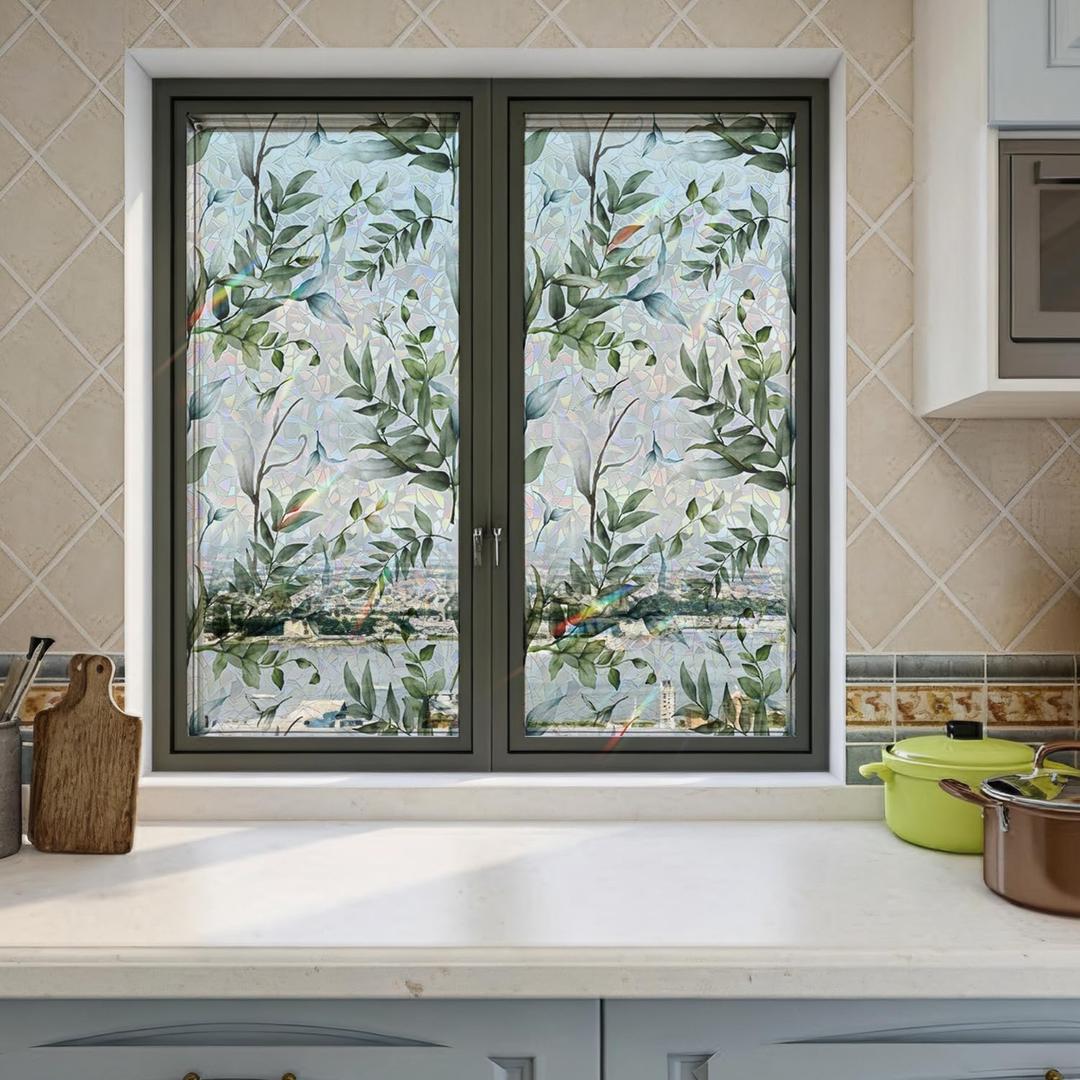 QUCHENG Watercolor Leaves Static Window Film Laser Suncatcher Glass Cling Privacy Decal Living Room Sun Blocking Decor Large Stickers DIY Decorations (16.93*39.37 inch)