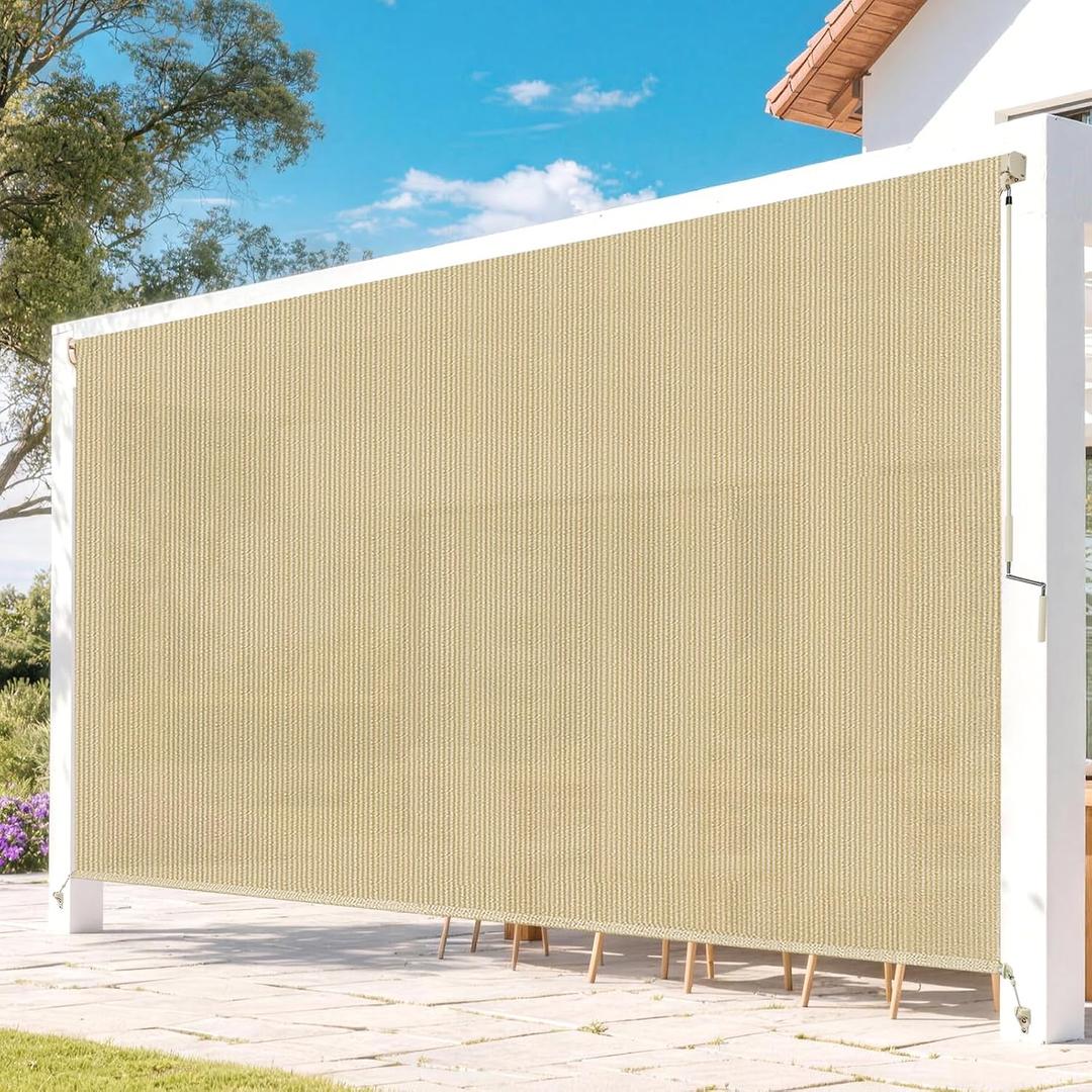 Outdoor Roller Shades for Patio, 9' W x 8' H Cordless Patio Shades Roll Up Outdoor Blinds with Splicing Design, 90% UV Protection for Porch Gazebo Pergola, Sesame