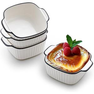 Maxdot 4 Pcs Ceramic Baking Dishes Porcelain Soup Bowls 5.75 Inches Ceramic Square Cereal Bowls with Handles for Kitchen Air Fryer Oven Microwave Safe Serving Mother's Day Wedding Party Gift