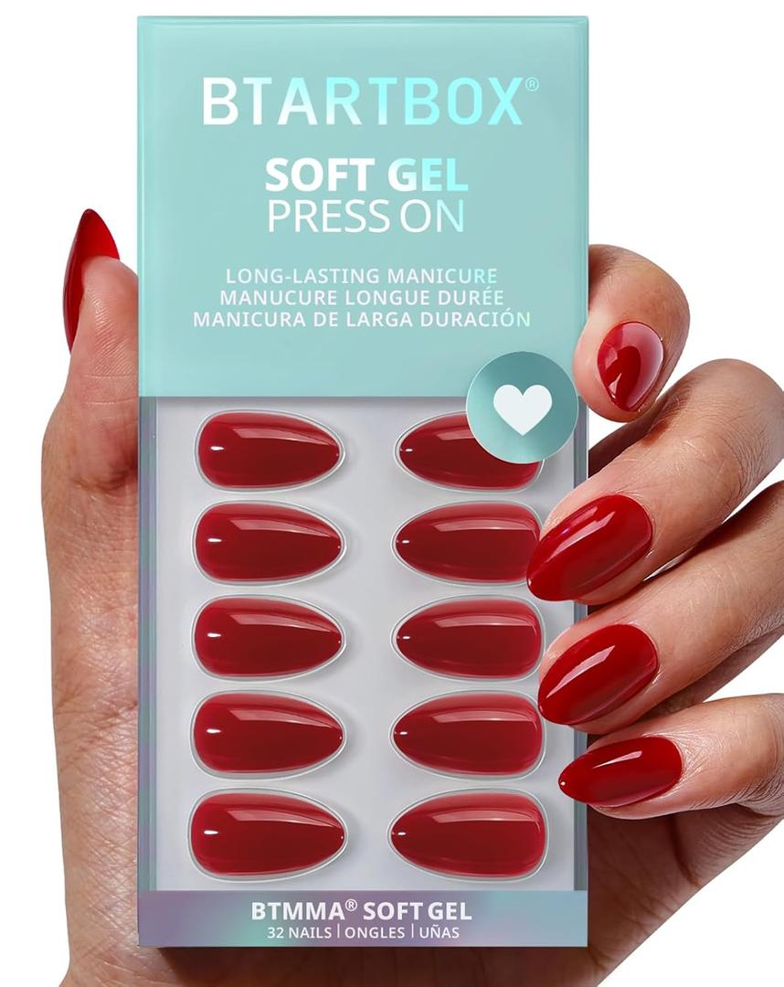 BTArtbox Press On Nails Almond  Pastel Red Short Press On Nails with Glue for Women, Opaque Soft Gel Glue On Nails in 16 Sizes  32 Stick On Nails Kit, Power Suit