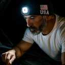 LED Beanie Hat with Rechargeable Headlight & Rear Red Light, 3 Modes, USB Charging, Warm Winter Cap with USA Logo (Black)
