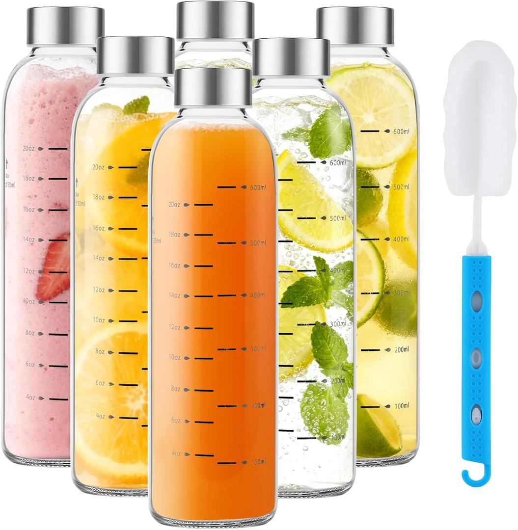 Glass Juice Bottles with Lids 25 oz Reusable Glass Water Bottles with Stainless Steel Caps 6 Pack, BPA Free,Leak Proof,Dishwasher Safe,for Refrigerator, Juicing, Iced Coffee, Cold Brew
