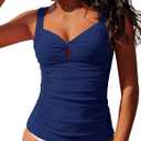 GRAPENT Tankini Tops for Women Twist Front Keyhole Bathing Suits Swim Tankini Swimsuits Padded Ruched Swimwear Top Only (Small 4 to 6, Navy Blue)