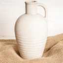 White Ceramic vase with Handle, 10inch Boho Unique Textured Pottery, Rustic Farmhouse Decorative Terracotta vases for Flowers, Centerpieces, Living Room. (Athenia)