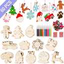 GUDELAK 60PCS DIY Wooden Christmas Ornaments, 12 Styles Christmas Crafts for Kids Adults with Ropes, 60 Bells and 12 Colored Pens, Unfinished Wood Ornaments Making Kit for Christmas Tree Decorations