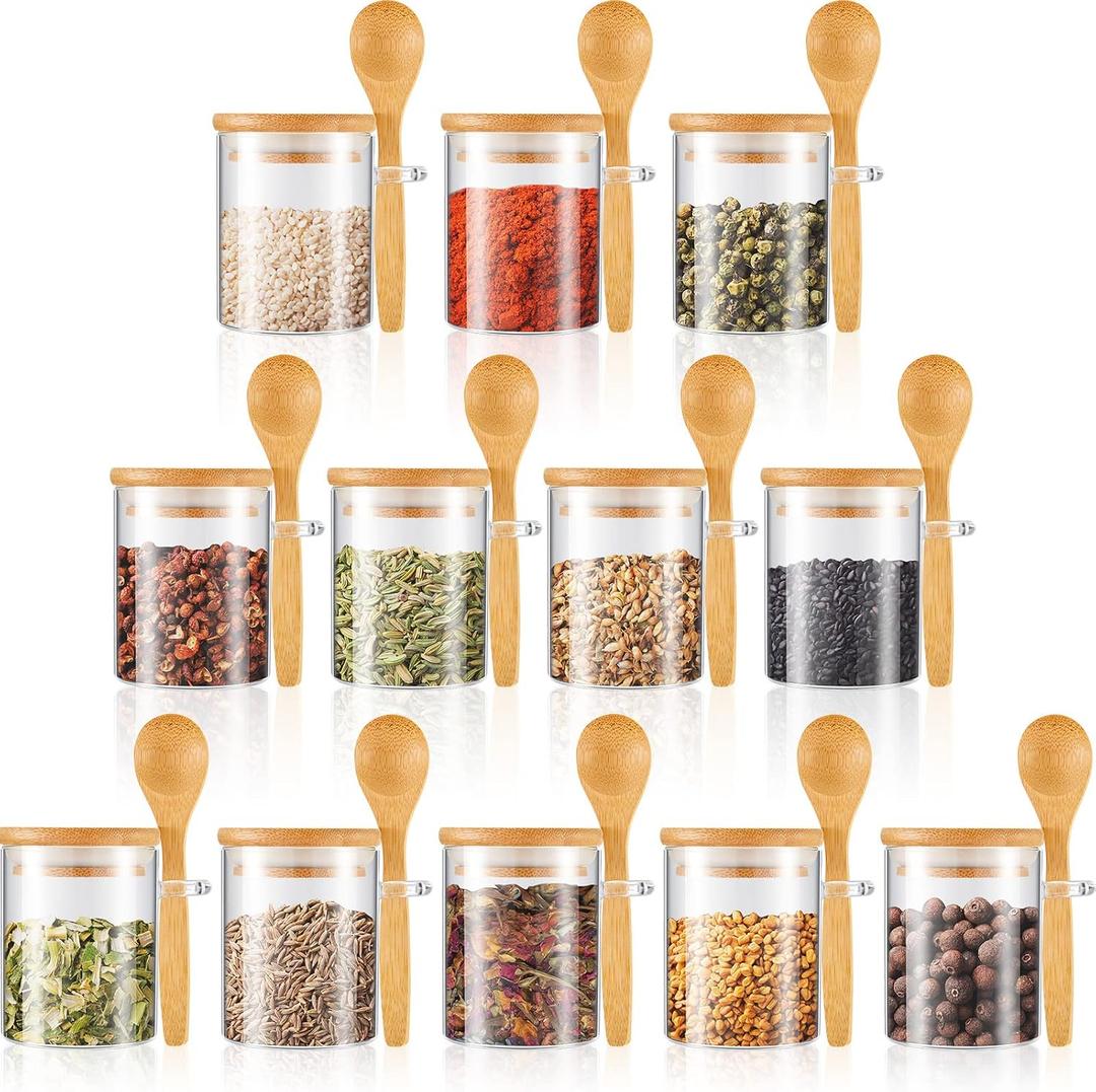 Tessco for you 12 Pack 6 oz Glass Spice Jars with Bamboo Lids and Wooden Spoons, Clear Storage Containers for Sugar, Salt, Coffee, Tea, DIY Gifts, and Sugar Scrubs Organization Set for Kitchen
