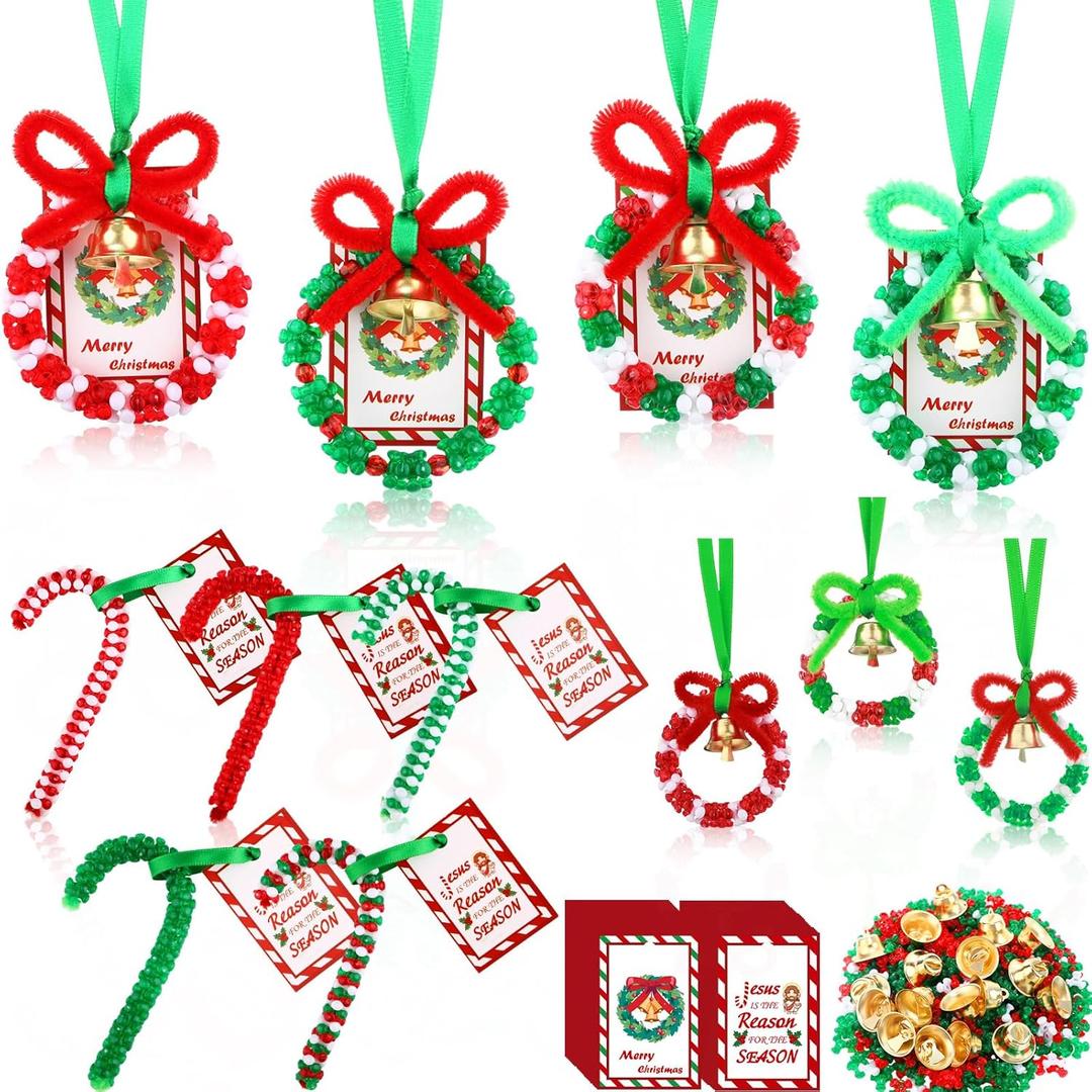 Cinnvoice 48 Sets Christmas Crafts for Adults Christmas Beaded Ornament Kit Includes 24 Candy Canes and 24 Mini Wreaths with Cards Bells for Jesus Religious Christian Decorations Xmas Tree Crafts