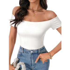 Rooscier Women's Sexy Off The Shoulder Short Sleeve Bodysuit Basic Double Lined Thong Body Suit Tops (White, M)