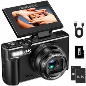 4K Digital Camera for Photography, 64MP Vlogging Camera for YouTube with 3" 180° Flip Screen, WiFi Compact Camera with 18X Digital Zoom, Comes with 32GB Micro SD Card & 2 Batteries, Black