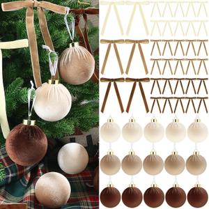 51 Pcs Christmas Velvet Ornaments 15 Pcs Christmas Tree Decor Balls 3.14" 36 Pcs Velvet Vintage Ribbon Bows 5/8" Wide 6 * 8" for Xmas Tree Hanging Decorations Home Indoor Decor (Brown Color Mix)