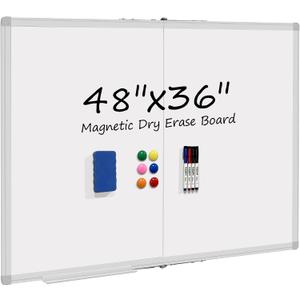 Dry Erase White Board 48 X 36 Inch, Wall-Mounted Silver Aluminum Frame Marker Presentation Board, 4' X 3' Foldable Portable Whiteboard with Pen Tray for School, Classroom, Office & Home