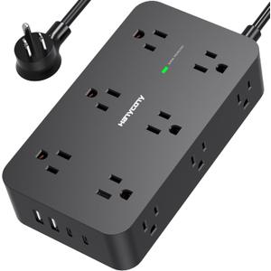 Power Strip Surge Protector with 12 Outlets 4 USB Ports(2 USB C), HANYCONY Black Flat Extension Cord 6 Feet, 1800J, Wall Mount, Desk Charging Station for Office Home College Dorm Room Essentials