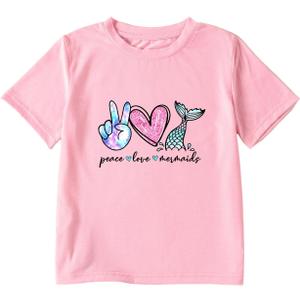 Girl's Peace Love and Mermaids Print T-Shirt Short Sleeve Crew Neck Summer Tee (Pink), Size: 9 Years
