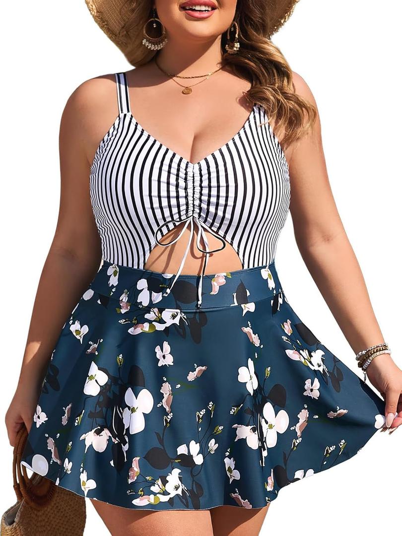 Summer Mae Women's Plus Size One Piece Swim Dress Floral Cutout Swimsuits V-Neck Bathing Suit with Skirt (Magnolia Garden) 18W