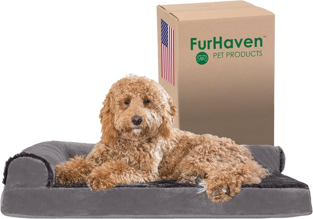 Furhaven Orthopedic Dog Bed for Large/Medium Dogs w/Removable Bolsters & Washable Cover, For Dogs Up to 55 lbs - Plush & Velvet L Shaped Chaise - Platinum Gray, Large
 30x21inches