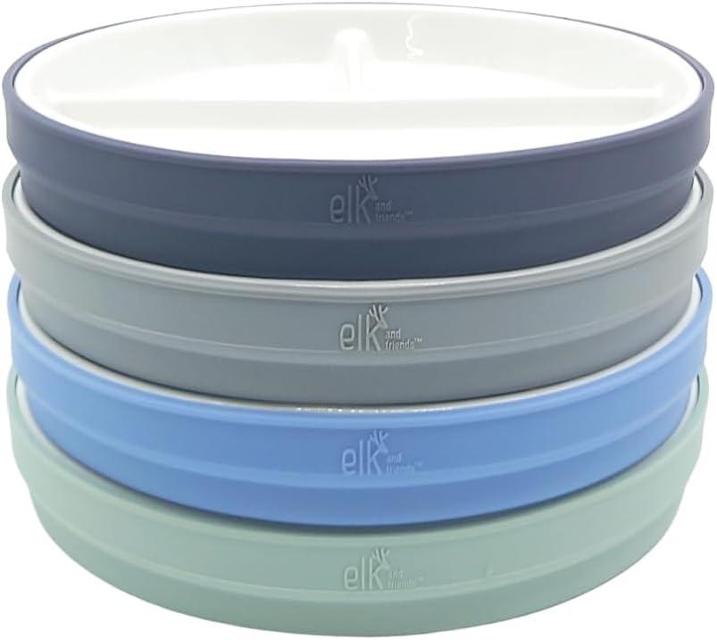 Elk and Friends Kids 7.8 Porcelain White Plates with Silicone Sleeves | Divided Plates | Suitable for Kids/Toddlers | Microwave & Dishwasher Safe | Non Slip | Snack Dishes (Sage/Misty Blue/Navy/Gray)