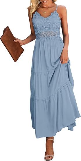Dokuritu Women's Beach Crochet Lace Maxi Dress Solid Color Summer Vacation Spaghetti Strap Long Dress, Medium
