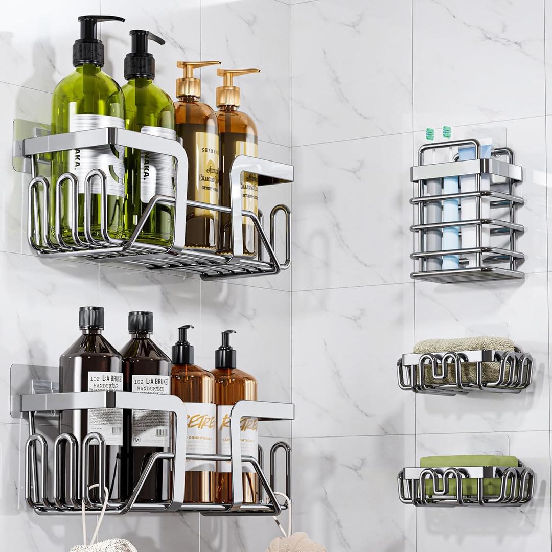 BEKU Shower Caddy 5 Pack - Bathroom Kitchen Organizer & Storage Rack - Adhesive Shelves Inside Shower - No Drilling Stainless Steel Accessories Set - Silver