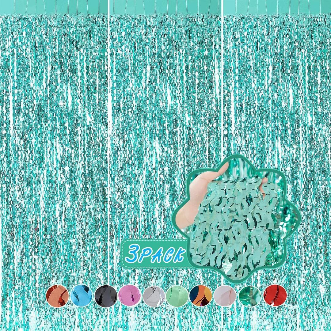3 Pack Teal Aqua Blue Wave Foil Curtains - 3.3 ft x 6.6 ft Tinsel Metallic Streamers for Photo Booth Birthday Wedding Girl Princess Bachelorette Euphoria Theme Party Decorations