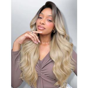HANNE 13 * 6 Lace Front Wigs for Black Women 29 Inch Synthetic Pre Plucked Wavy Filp Curl Futura Fiber Glueless Blonde Wigs HD lace frontal Wig Hair Replacement Wigs for Every Occasion (Ombre Blonde)